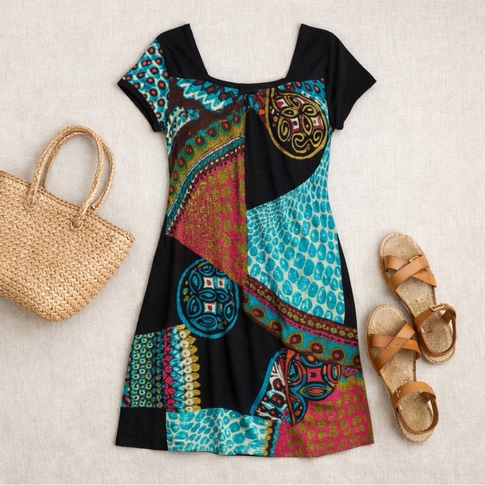 Sushiflower Boho Patchwork Dress Pink Black Square Neck Small stretch spandex 2